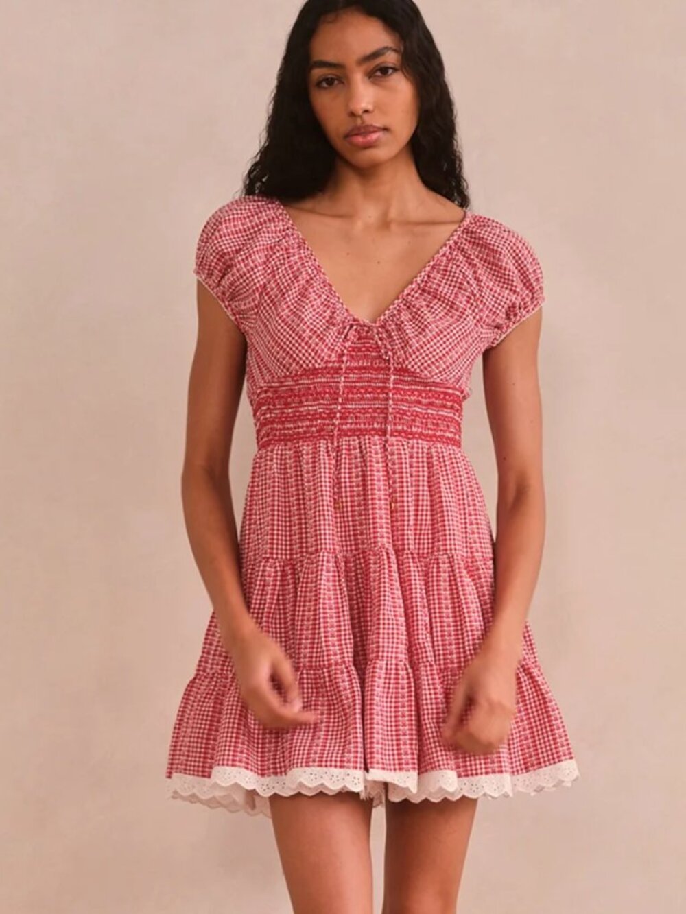 SAYLOR Asterid Red/White Gingham Smocked Mini Dress sz L